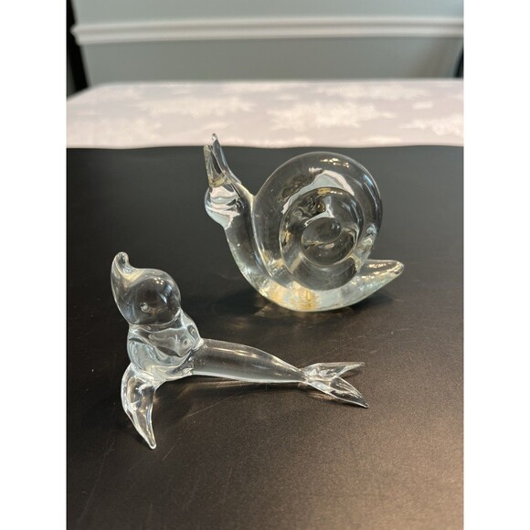 Lot of 2 Art Glass Clear Figurine Paperweight Snail & Seal Sea Lion - Picture 2 of 12